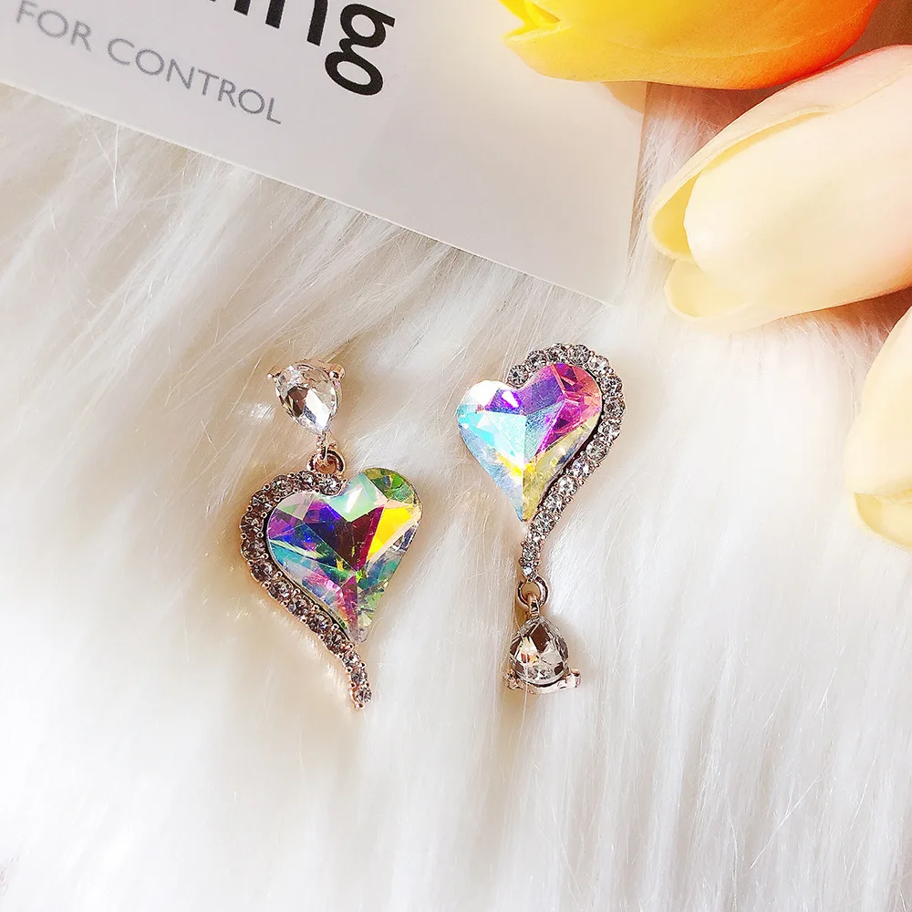 Модные женские Висячие серьги-капли с кристаллами, асимметричные серьги с кристаллами в форме сердца, богемные висячие серьги