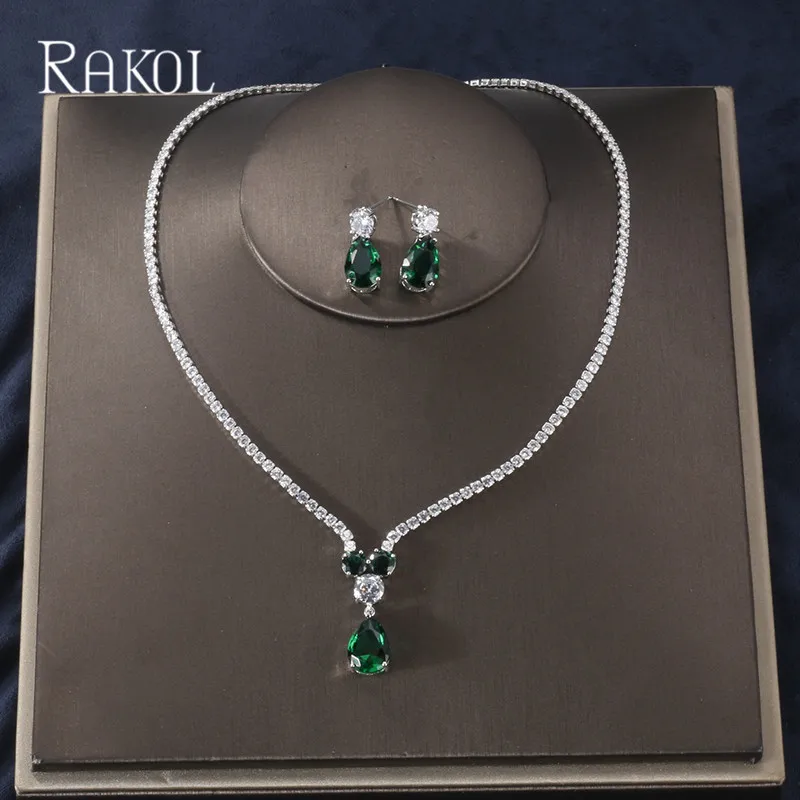 

RAKOL New Fashion Luxury AAA Zircon Water Drop Shape Necklace Earrings jewelry Set for Women Party wedding Dress Accessories