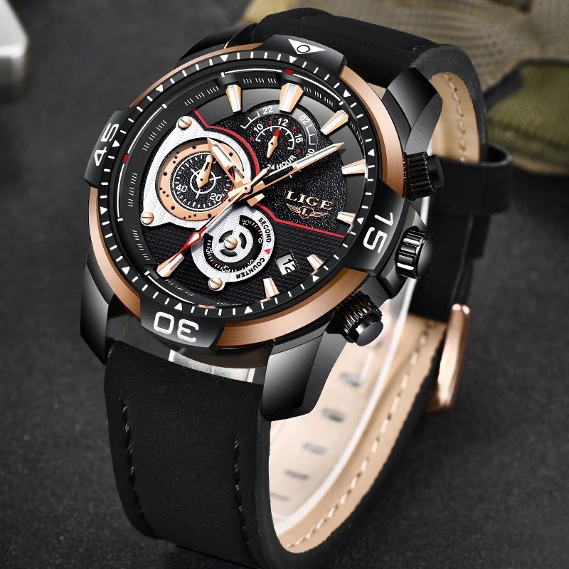  New Luxury Brand LIGE Men Fashion Casual Watches Men's Quartz Clock Man Leather Strap Army Military
