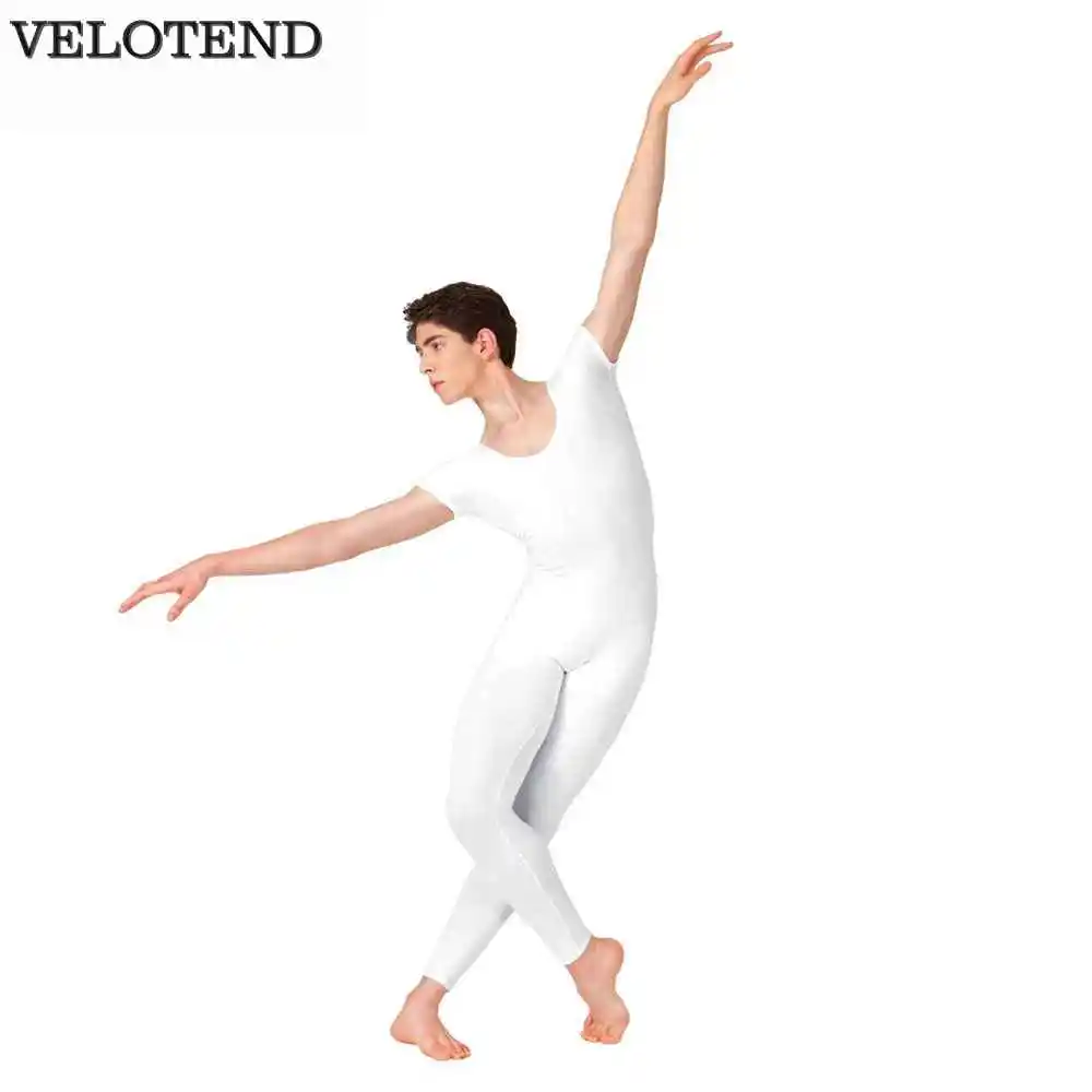 VELOTEND One Piece Black Mens Unitard Lycra Ballet Short Sleeve Full