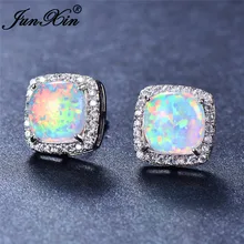 JUNXIN женские белые серьги-гвоздики с огненным опалом для женщин, 925 пробы, заполненные серебром, Радужный камень, квадратные серьги-гвоздики с цирконием