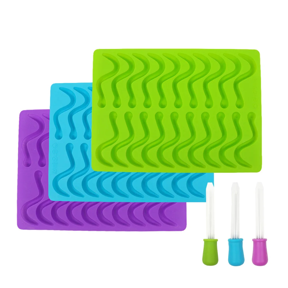 

Gummy Worm Silicone Molds with 3 Droppers, 3 Pack Gumdrop Molds Ice Cube Trays for Jelly Chocolate Soap Cake Wax