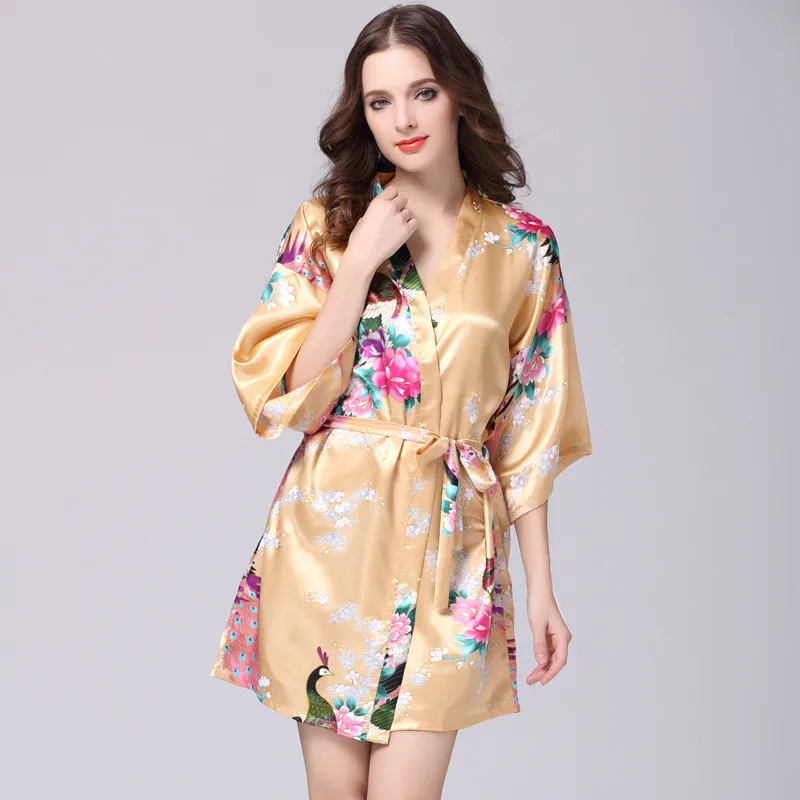 Бренд золото женский с цветочным принтом кимоно платье Китайский Стиль Silk Satin Robe ночная рубашка цветок размеры S M L XL XXL, XXXL - Цвет: Золотой