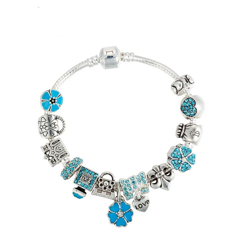 Серебряный Цвет цветок браслет для Для женщин синий кристалл Европейский Стиль ручной работы Серебряные ювелирные изделия