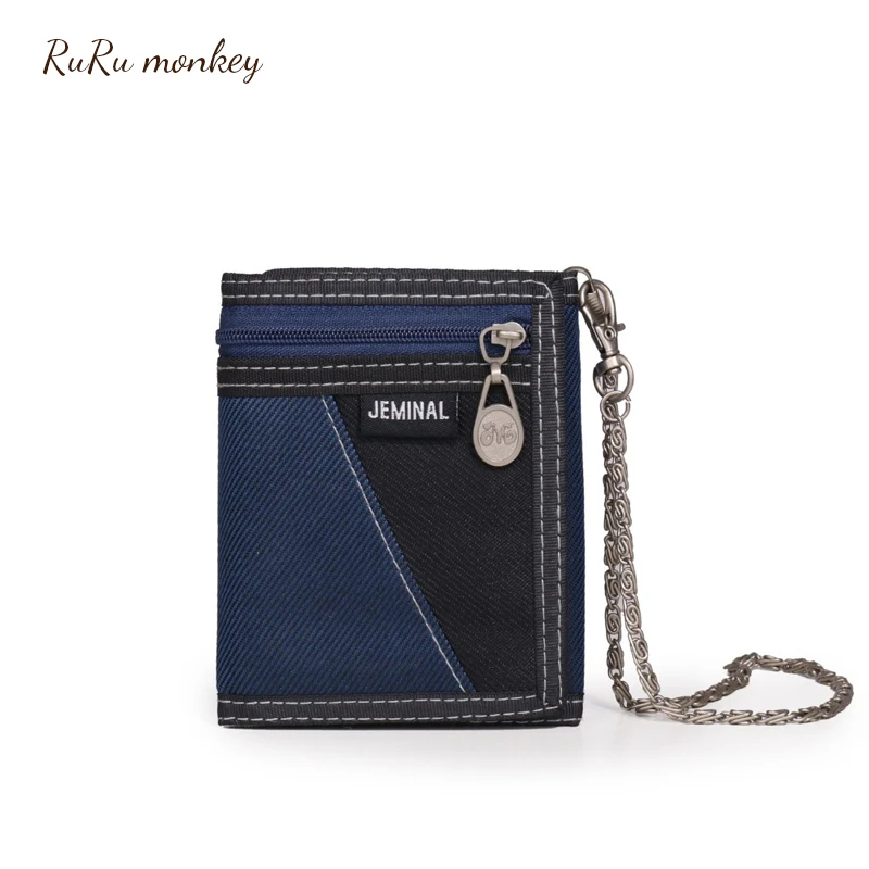 

RURU monkey Wallet Men Soft Canvas Wallet Multifunction Men Wallet Patchwork Card Holder Purse Male Clutch Chain Mini Purses