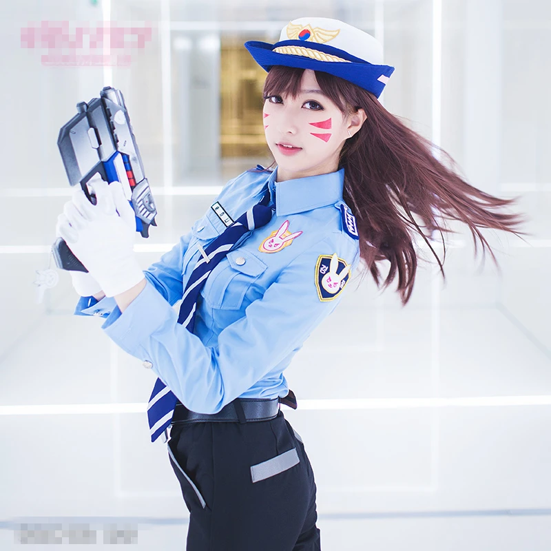 

OW D.va DVA Cosplay Policewoman Cosplay Costume Uniform Suits Full Sets Skin Women Costume Shirt+Pants+Tie+Belt+Hat+Gloves
