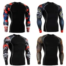 Компрессия мышц для мужчин плотная футболка с длинными рукавами двусторонняя печать Рашгард MMA Фитнес Базовый слой Тяжелая подъемная одежда