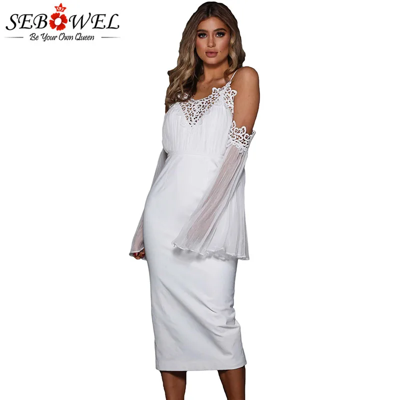 

SEBOWEL White/Black Chiffon Boho Lace Midi Dresses Woman Bell Sleeve Elegant Cocktail Party Dress for Female Ladies Clothing