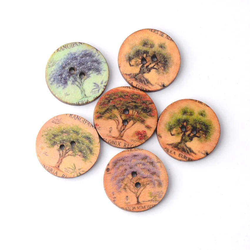 

Retail For Diy 10Pcs Random Mixed 2 Holes Round 25mm Tree Pattern Wood Sewing Buttons Back Natural Scrapbooking F0054
