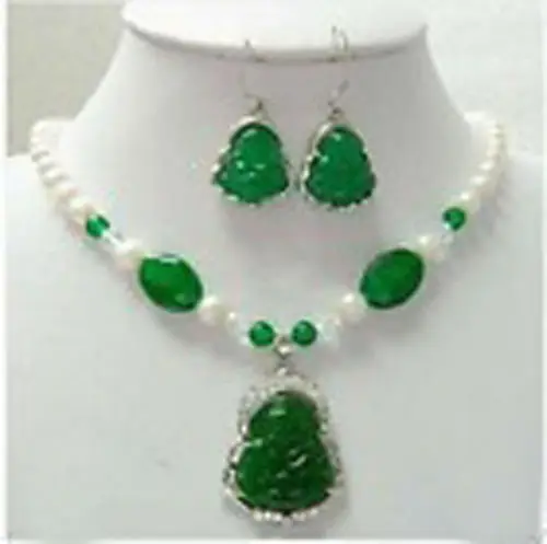 

1810 New Pearl &Green Jade BUDDHA AMULET Pendant Earring