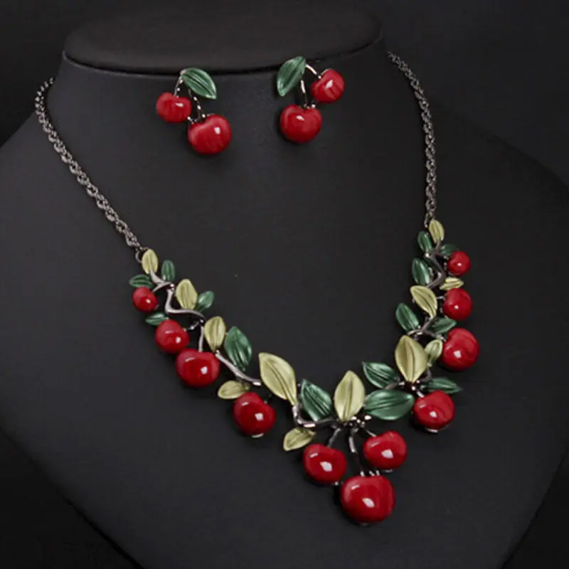 

Cute Cherry Statement Necklace 1 Set New Jewelry Set For Women Girls Lady Fashion Design With Earrings Maxi Necklace Best Gift