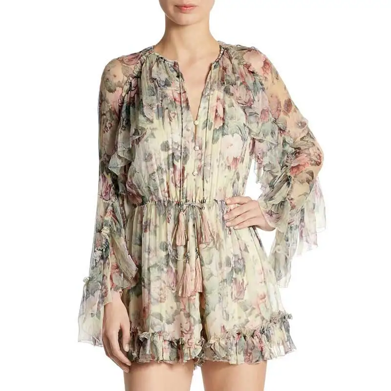 

BOHO INSPIRED Women floral print chiffon Romper Ruffle Trim Tasseled Drawstring Waist long sleeve playsuit 2019 summer jumpsuit