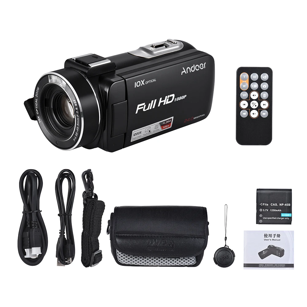 Andoer 1080P LCD Touch screen Video Camera 24MP Digital Camcorder Remote Control Face Detect w/ Wide Angle Lens / Mic