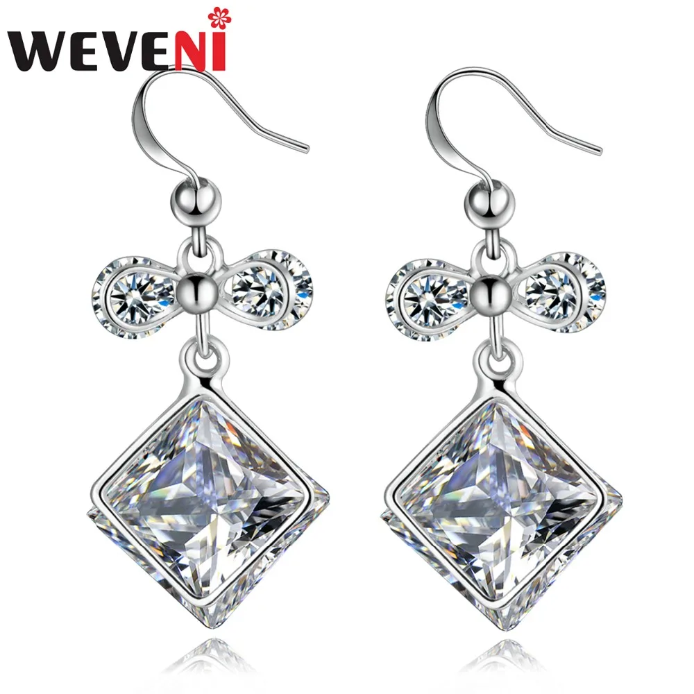WEVENI Silverstone Bowknot Square Cubic Zircon Earrings Dangle Drop Zirconia Charms For Women Girl Birthday Gift Fashion Jewelry | Украшения