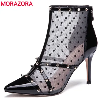 

MORAZORA 2019 new arrival genuine leather ankle boots for women rivet hollow out summer boots sexy thin high heels prom shoes