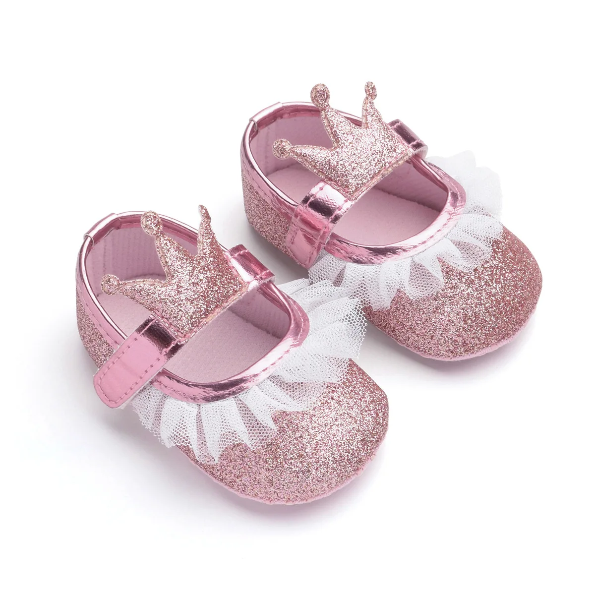 Блестящие девичьи туфли для новорожденных; нескользящие кроссовки с мягкой подошвой; милые кроссовки принцессы с блестящей короной и кружевом