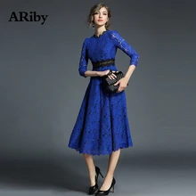 Women Dress Slim Elegant Plus Size Dress 2019 Spring Summer New Fashion Office Lady Lace Stitching Empire Seven-Sleeve Dresses