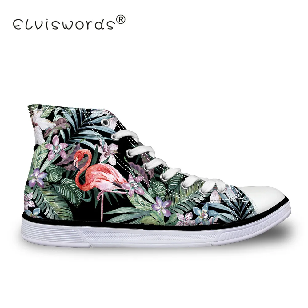 

ELVISWORDS Girl Women Canvas Shoes Tropical Palm Leaves Casual Shoes Flamingo Female Lace Up Walking Shoes Sapatos Feminino