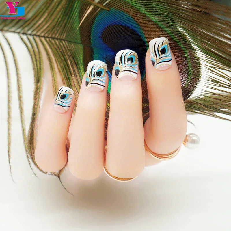 New 3Set Feather Design Fake Nails Glitter French Manicure