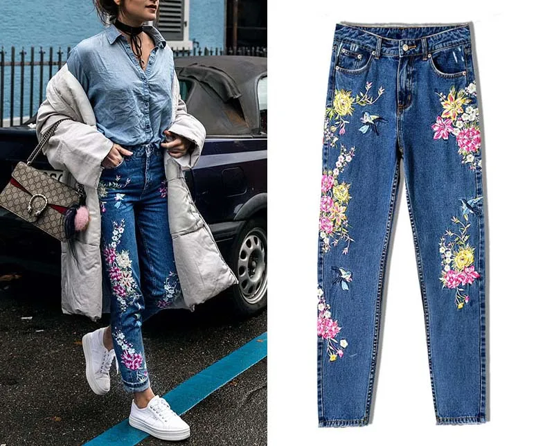 2017 Europe and the United States women\'s three-dimensional 3D heavy craft bird flowers before and after embroidery high waist Slim straight jeans large code system 46 yards (7)