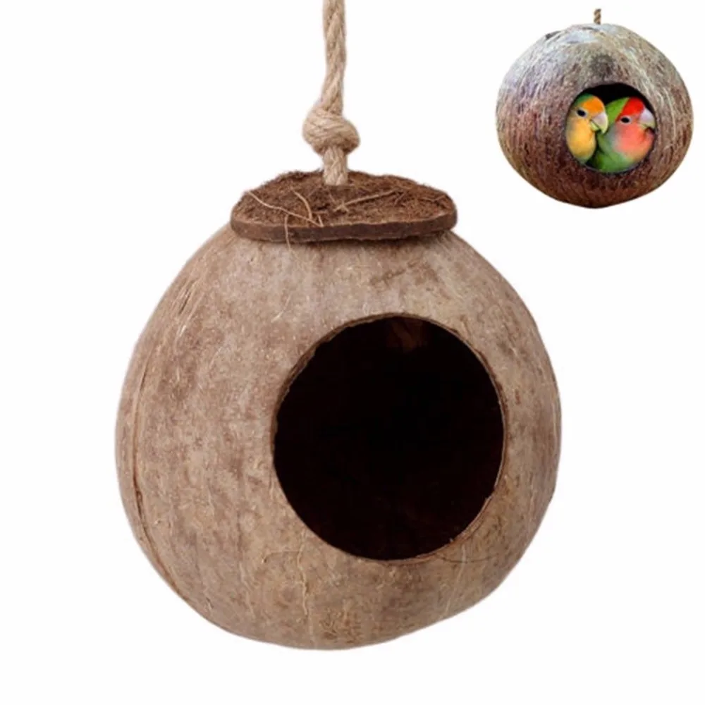 Parakeet Toy House Pet Natural Coconut Shell Bird Nest Hut Cage Feeder