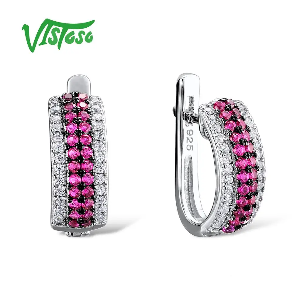 

VISTOSO Stud Earrings Fine Jewelry Round Created Ruby Round White Cubic Zircon High Quality Fine Stud Earrings For Women 2018