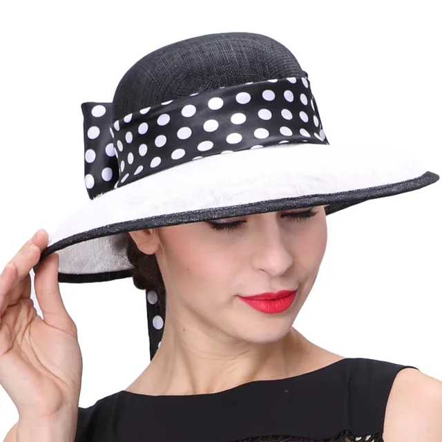 June S Young Women Hats Polka Dot Pattern Wide Brim Sinamay June S Young Women Hats Polka Dot Pattern Wide Brim Sinamay Organza Material Derby Party Wedding Wear