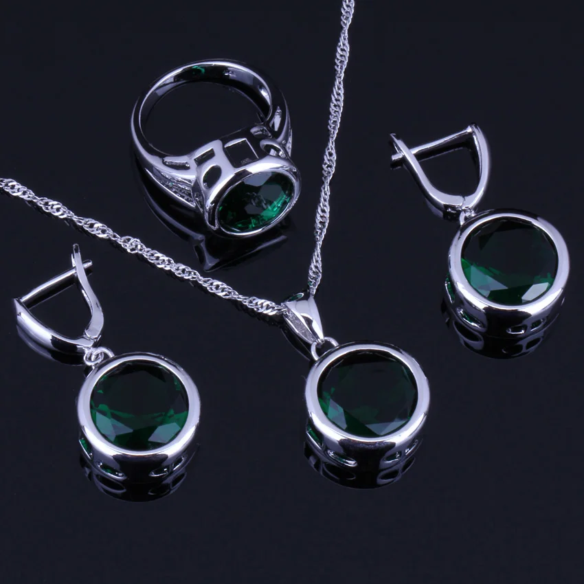 Волшебный круг зеленый фианит 925 стерлингового серебра ювелирные наборы для женщин серьги кулон цепи кольцо V0009