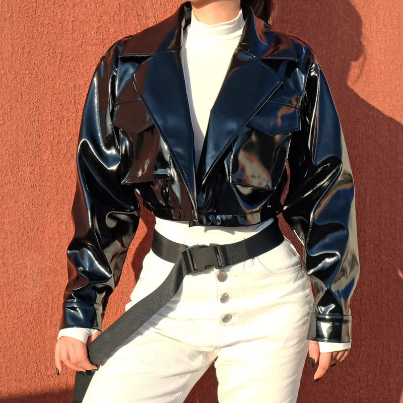 Weekeep, женская укороченная куртка с открытым стежком, черный отложной воротник, Панк куртки, модные карманы, Лоскутная уличная куртка