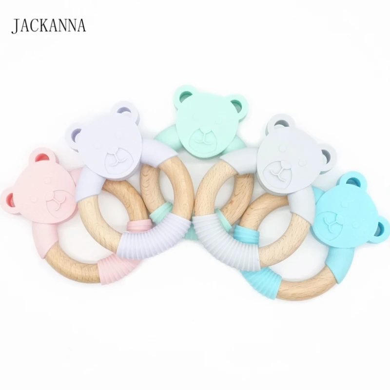 1PC Animal Shape Silicone Teether Wooden Ring Nursing Accessories Chewable Rattle Toy Circle Newborn Shower Gifts Baby Teether