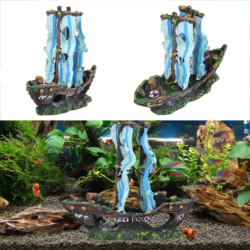Resin Sunk Ship wreckage for fish hide sailboat Aquarium Aquatic Ornament Pirate Ship Destroyer Fish Tank Decoration Fish house4
