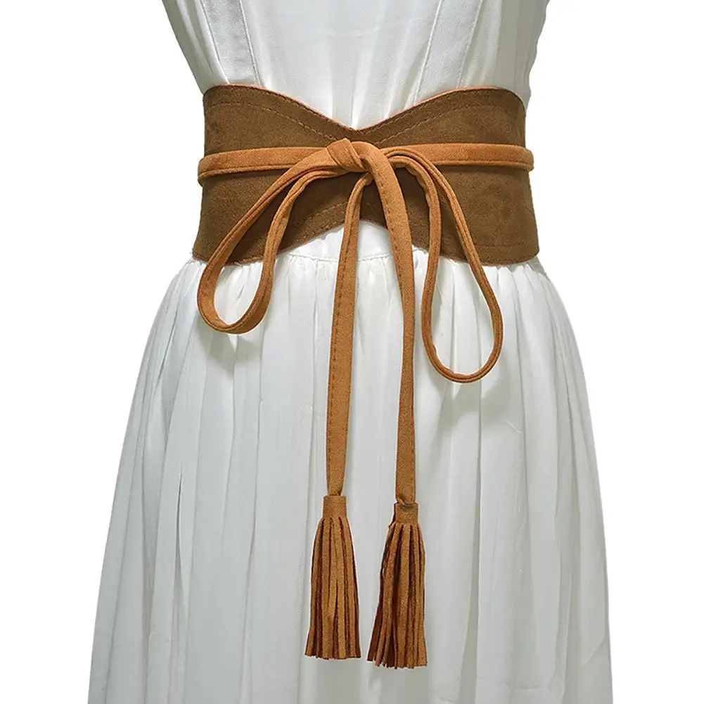 

New Fashion Waistband Fashion Women Solid Color Faux Leather Tassel Bow Tie Wide Belt Corset Waistband