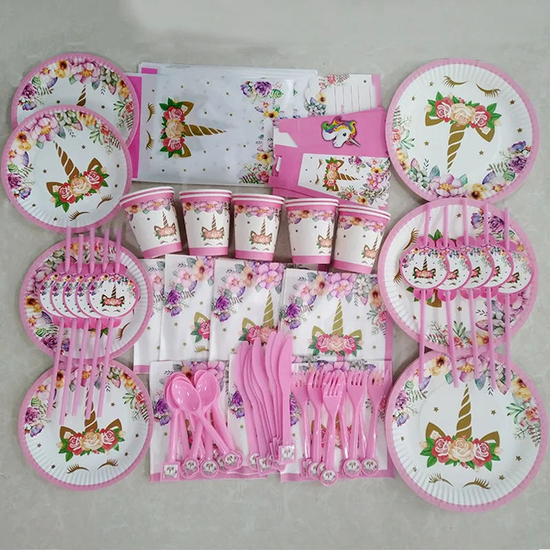 Unicorn Party Kits Pink Unicorn Plate Cup Napkins Cake Toppers For Girl Birthday Party Decorations Baby Shower Garlands Supplies