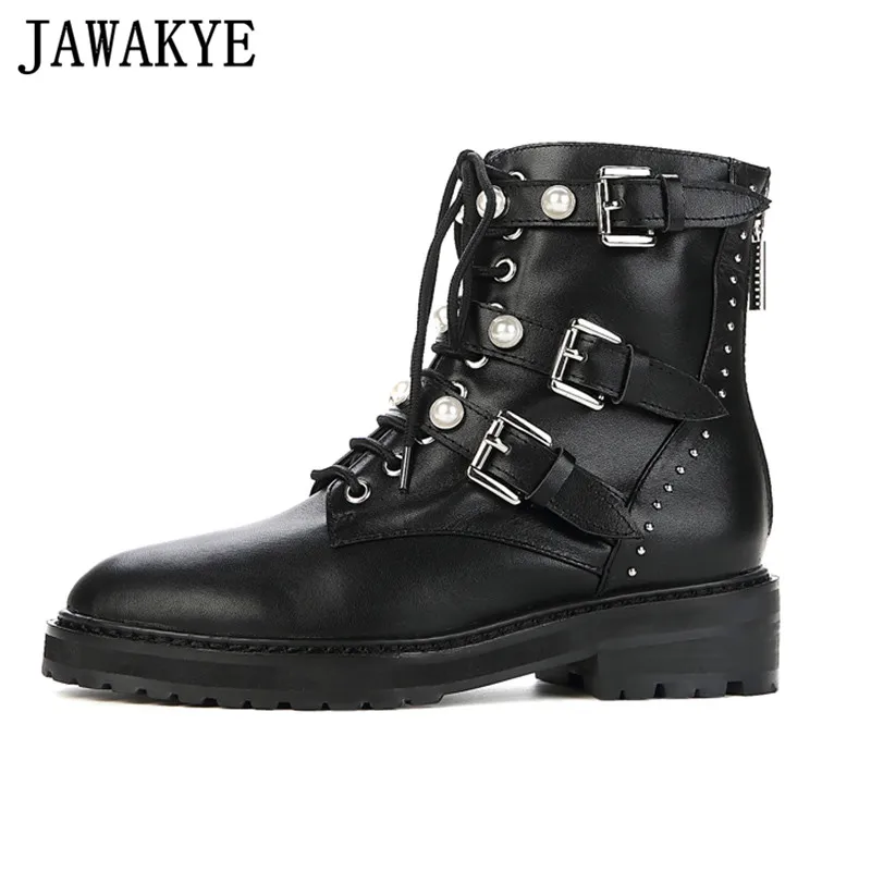 

Genuine leather Ankle Boots for women pearled buckled strap middle heels lace up round toe rivets studded 2019 new botas mujer