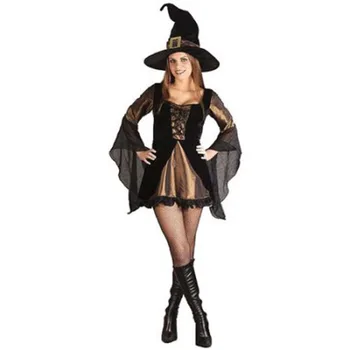 

New Halloween Women Witch Costume Mini Dress and Hat Party Lace Up Front Stain Sexy Cosplay Party Clothing Witch Dresses