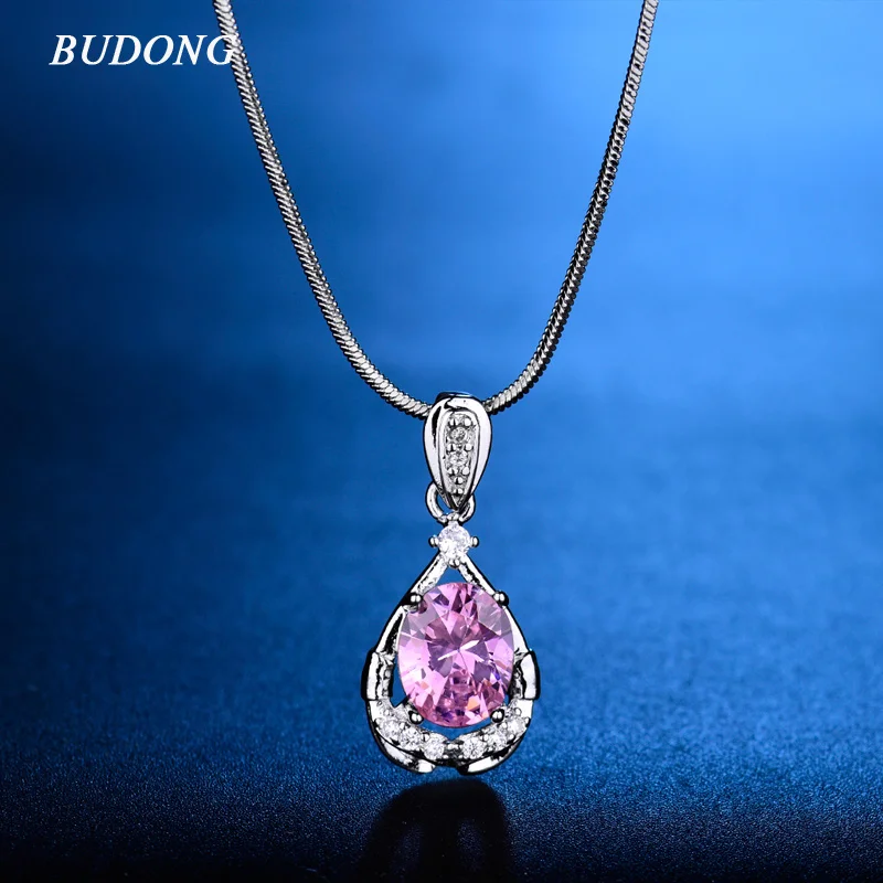 

BUDONG Fashion Oval Crystal Pendants with Snake Chain Necklace for Women Silver/Gold-Color CZ Zircon Blue Jewelry XUP