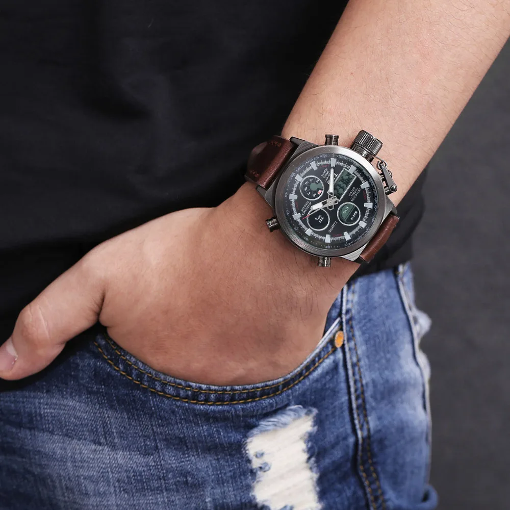

6.11 Top Brand Men Military Sport Watches Leather LED Digital Quartz Wrist Watch Waterproof Fashion Clock Relogio Masculino