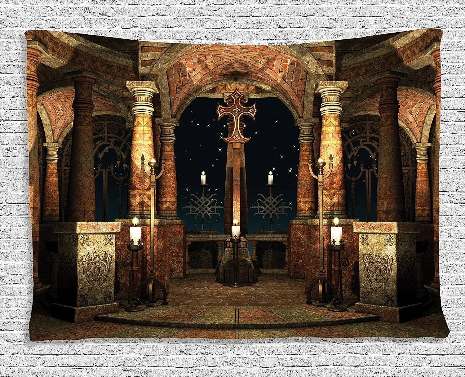 Готический гобелен, темный мистический древний зал с колоннами и купольным храмом, иллюстрация здания, настенный гобелен