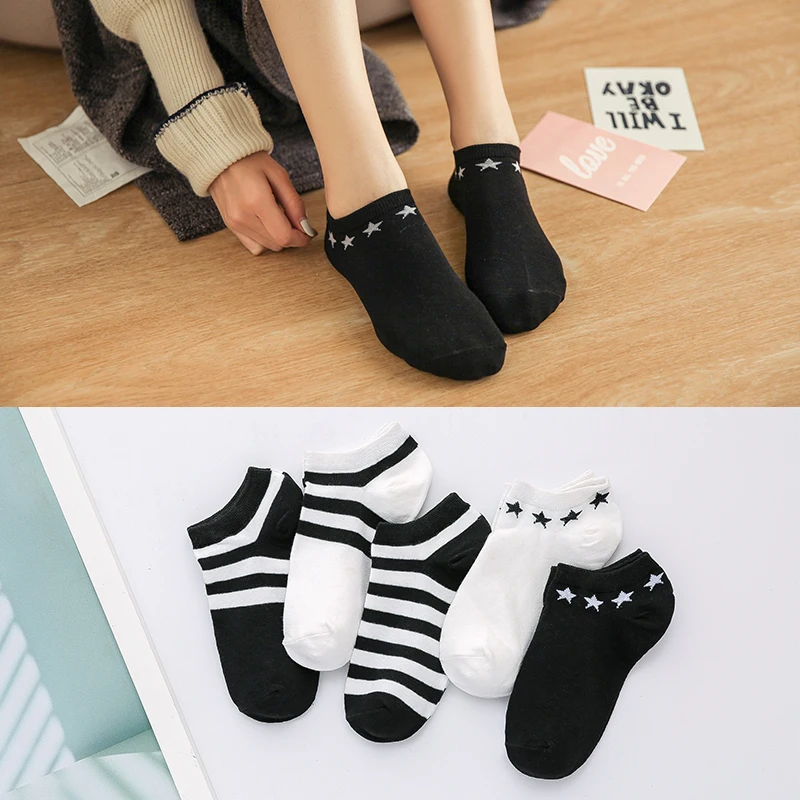 5 пар женских коротких носков милые черные белые милые хлопковые женские носки с героями мультфильмов повседневные короткие носки со звездами