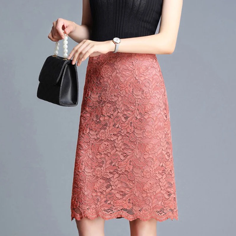 Summer Korean Women Female High Waisted Lace Pencil Skirt, Office Lady Womens Black Slim 4xl Skinny Knee Length Skirts