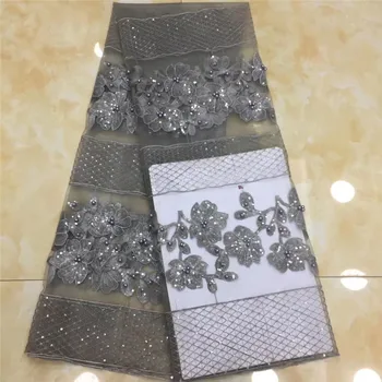 

French African Lace Fabric Guipure pink Sequined Beaded Cotton Cord Tulle Nigerian Tissu Mesh India Lace For Wedding Dress gray