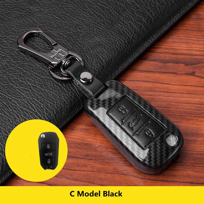 

Carbon Fiber Genuine Leather Car Key Case Cover For Peugeot 107 206 207 208 306 307 308 407 408 508 RCZ For Citroen C2 C3 C4 C5