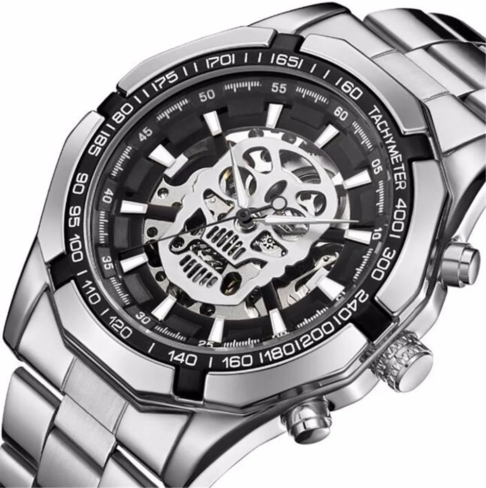 

Fashion Men Golden Automatic Mechanical Watches Skull Top Brand Luxury Wrist Watches Men Steel Strap Skeleton Relogio Masculino
