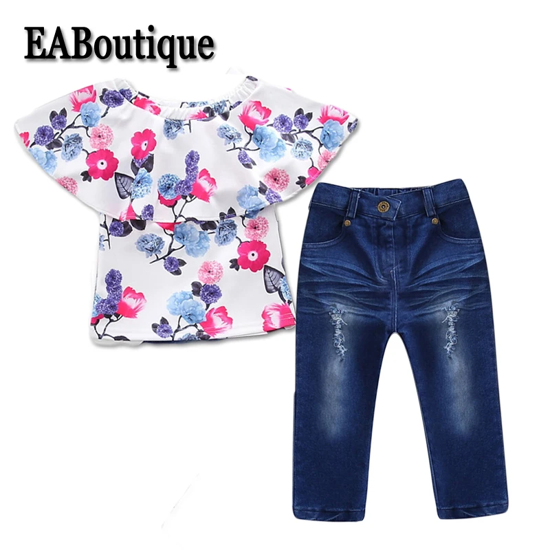 Eaboutique/летняя детская одежда мода цветочный узор shoulderless футболка с джинсы для девочек Штаны комплект одежды для девочек