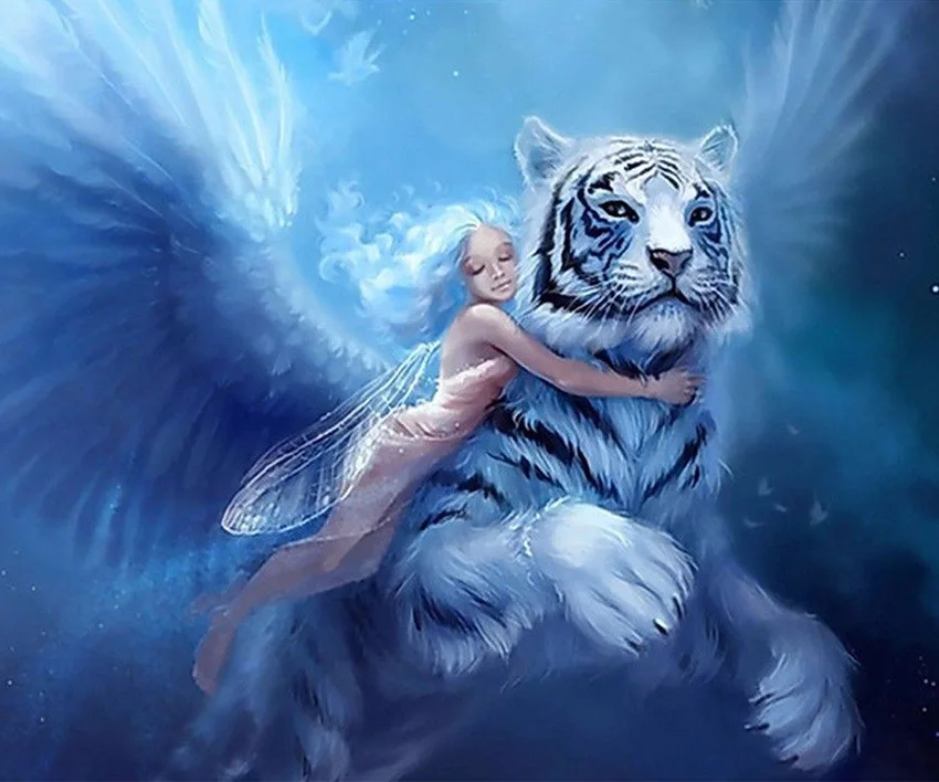 

White Tiger Fairy DIY 5D Diamond Painting Full Square Diamond Embroidery Diamond Mosaic Needlework Pattern Rhinestones Unframed