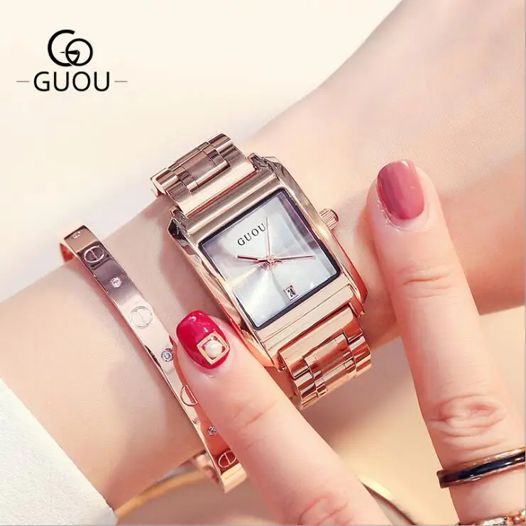 Часы GUOU женские прямоугольные люксовые модные из нержавеющей стали под розовое