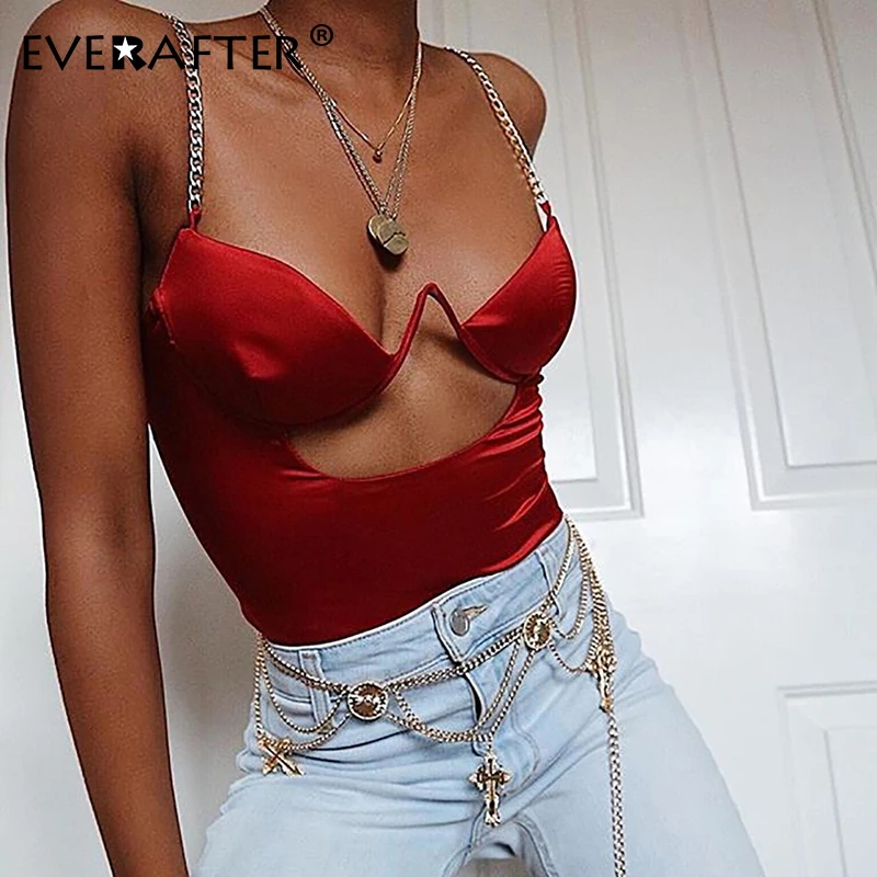 EVERAFTER مثير نادي الجوف خارج سلسلة ارتداءها النساء عارية الذراعين الأشرطة الحرير قطعة واحدة Underwire داخلية الصلبة الأزياء عارضة الساخن