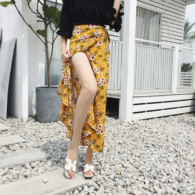 Summer Ruffle Asymmetrical Midi Skirts Bohemian Skirt Floral Printed Womens Sexy Wrap Skirt Women Beach Bodycon Skirt