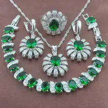 Безупречный Зеленый Цирконий женские 925 пробы серебряные украшения со стразами наборы браслет ожерелье кулон серьги кольцо YZ090