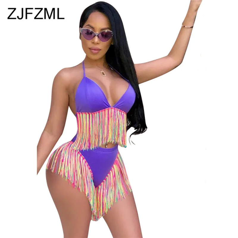 

Plus Size Summer Two Piece Sets Summer Clothes For Women Rainbow Tassels Crop Top And Bodycon Shorts Sexy 2 Piece Beach Outfits